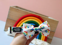 Load image into Gallery viewer, rainbow paw print dog collar and dog bow tie
